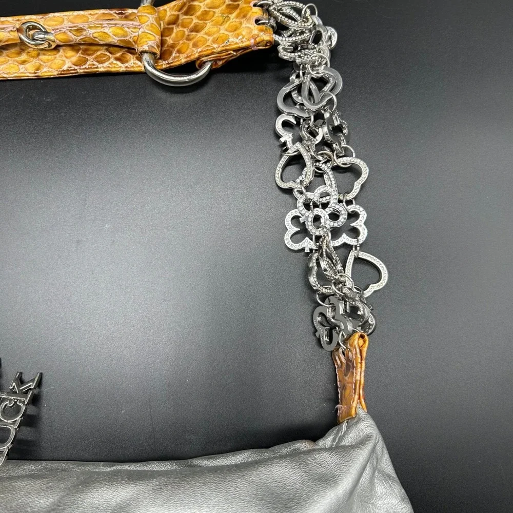 Charm And Luck Silver Leather Handbag Reptile Accent Rhinestone Hobo Rare Unique